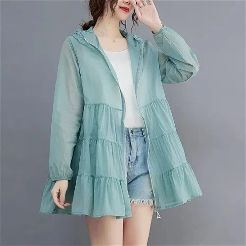 2023 Summer Thin Windbreaker New Sunscreen Clothes Mid-Long Female Breathable Shirt Oversize Jacket With Hooded Female Outerwear