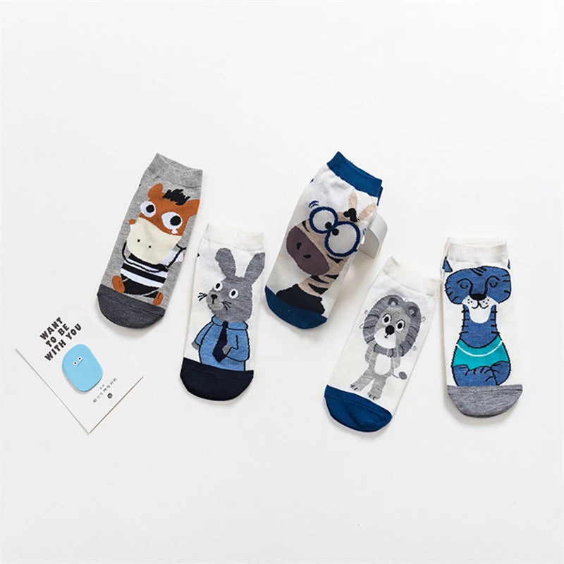 Spring And Autumn Fashion Women's Sotton Socken Funny Cartoon Animal Hello Kitten Dog Cute Girl Happy Funny Socks 5 Pairs