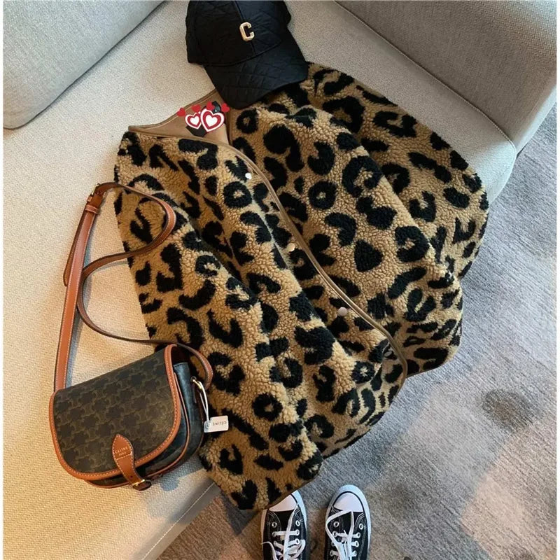 Autumn Winter Short Lmitation Fur Coat Women 2024 New Fashion Loose Casual Jacket Leopard Print Button Outerwear Female