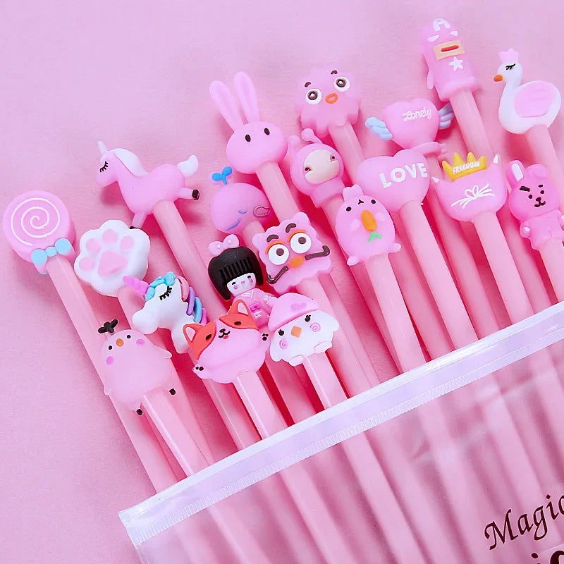 20Pcs/Lot Kawaii Cartoon Gel Pen 0.5mm Black Ink Writing Neutral Pens Cute School Office Stationery Supplies Student Kids Gift