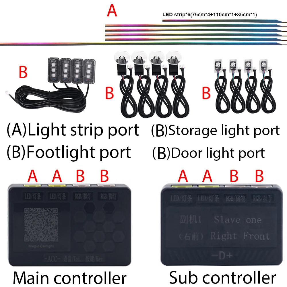 6/10/14/18 In 1 LED Dual Zone Symphony Streamer Car Ambient Light Interior RGB Neon Acrylic Strip Decoration Atmosphere Lamp 12V