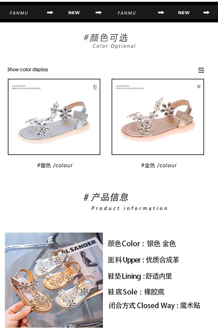 2024 Summer Girls Sandals Flower Crystal Princess Shoes Kids Fashion Rhinestone Beach Shoes Children Anti-slip Ankle Strap Shoes