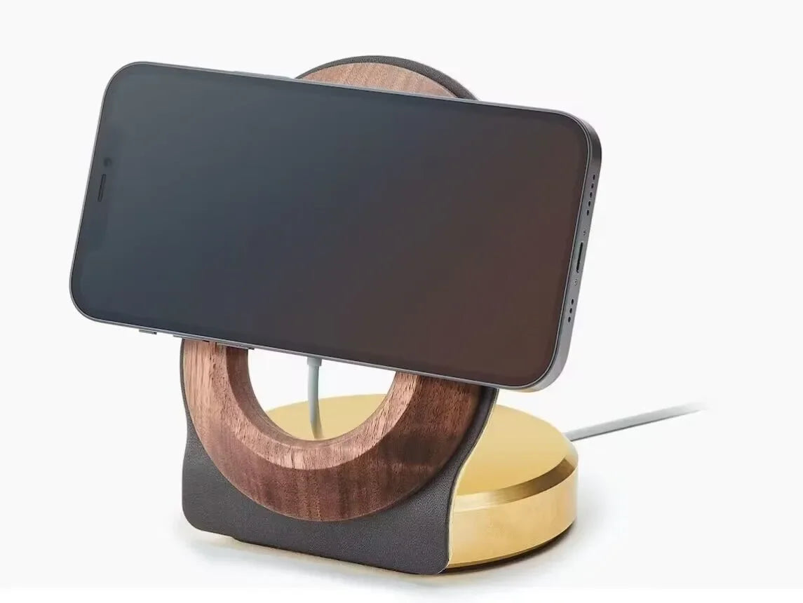 Simple Wireless Phone Charging Stand Natural Walnut Magnetic Stable Smooth Polished Safe to Touch Solid Durable Storage Rack