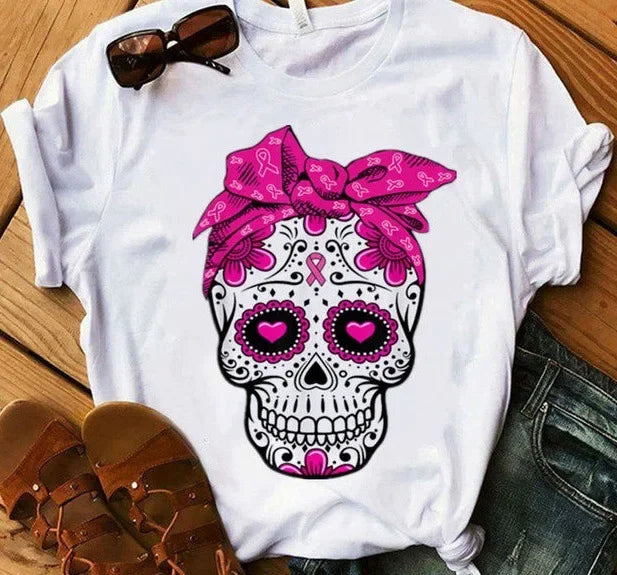 With Scarf Colorful Skull Head Print T Shirt Women Short Sleeve O Neck Loose Tshirt Women Causal Tee Shirt Tops Camisetas Mujer