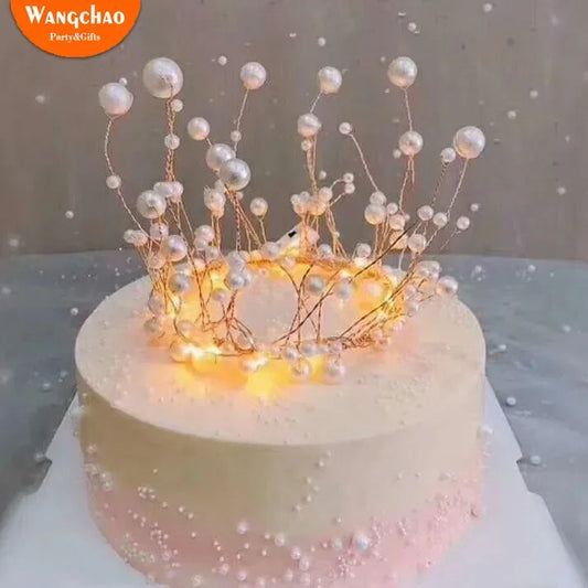 Shiny Handmade Pearl Princess Crown Cake Topper Wedding  Decorating Bride and Groom Happy Birthday Hat  Decoration
