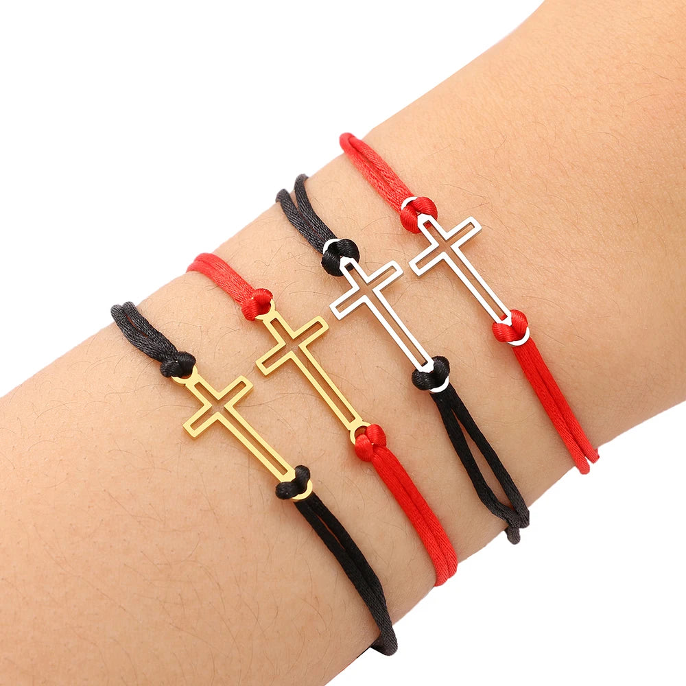 Stainless Steel Bracelets Gothic Hollow Cross Hand Braided Lucky Black Red Rope Fashion Charm Bracelet For Women Jewelry Gifts