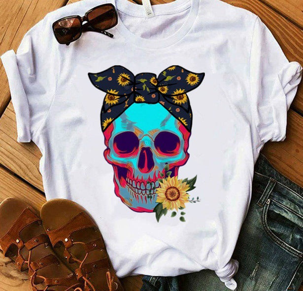 With Scarf Colorful Skull Head Print T Shirt Women Short Sleeve O Neck Loose Tshirt Women Causal Tee Shirt Tops Camisetas Mujer