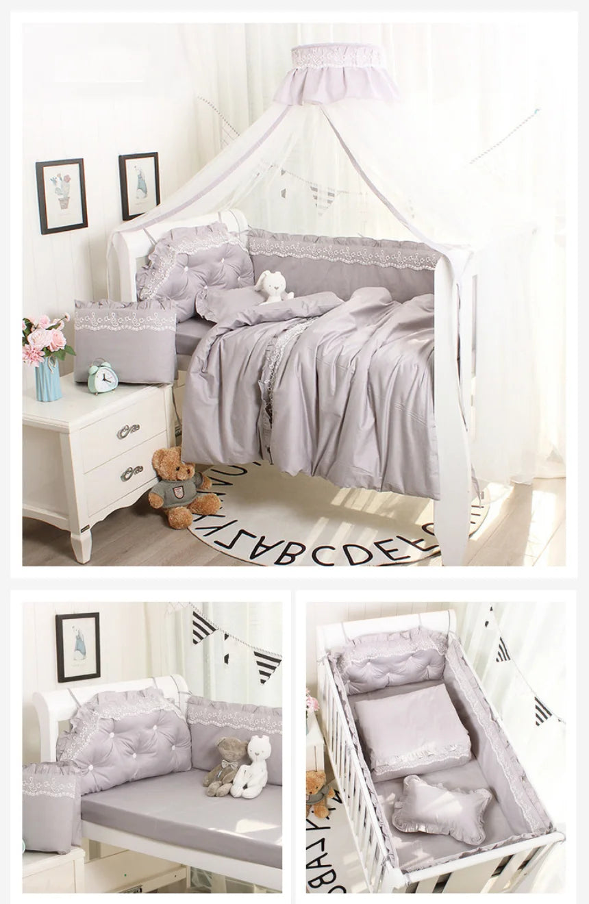 5PCS/Set Lace Crib Surround Solid Color Children's Bedding Kit Pure Cotton Thicken Baby Anti-collision Bed  Bumpers Sheet