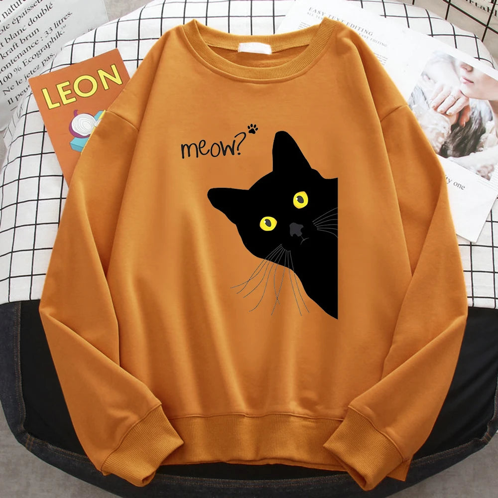 Winter Harajuku Woman Sweatshirt Meow Black Cat Printing Hoodies Comfortable All-Math Pullover Crewneck Loose Female Clothes