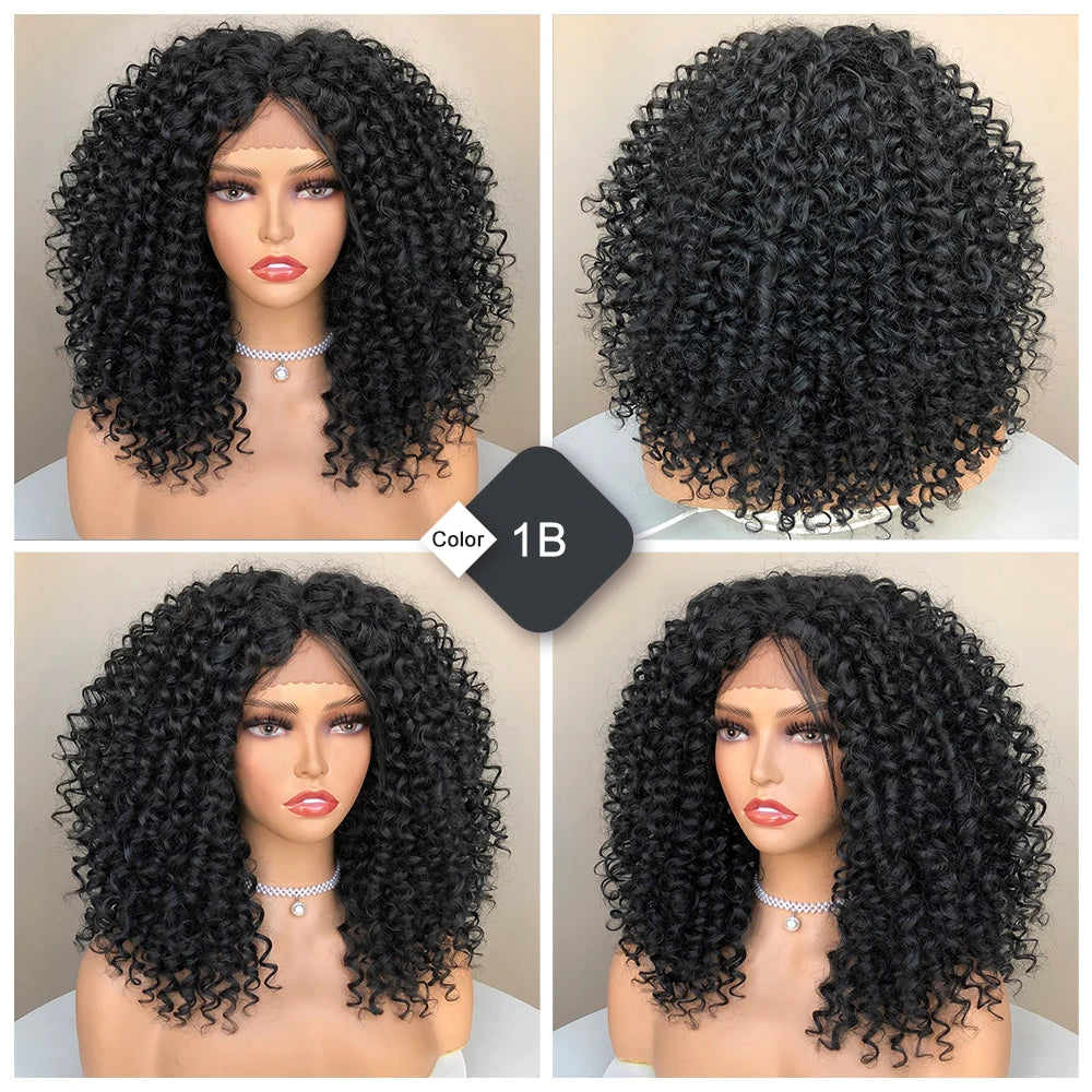 CurlyCoo Synthetic Curly Lace Front Wigs For Black Women Short Kinky Curly Bob Wig Ombre Natural Water Wave Cosplay Wig