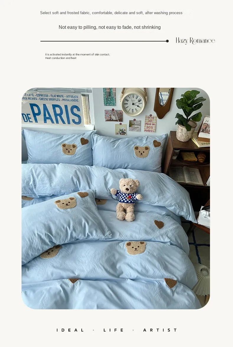 Solid Blue Bear Bedding Set Duvet Cover Queen Full Twin Size Bed Flat Sheet Kids Girls Room Decor Quilt Cover Pillowcase Kawaii