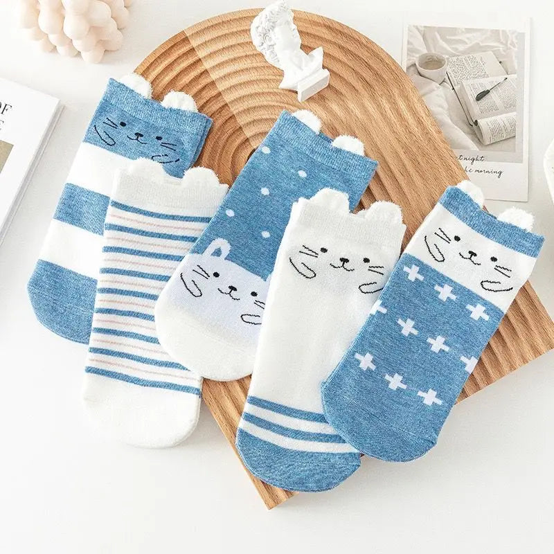 Spring And Autumn Fashion Women's Sotton Socken Funny Cartoon Animal Hello Kitten Dog Cute Girl Happy Funny Socks 5 Pairs