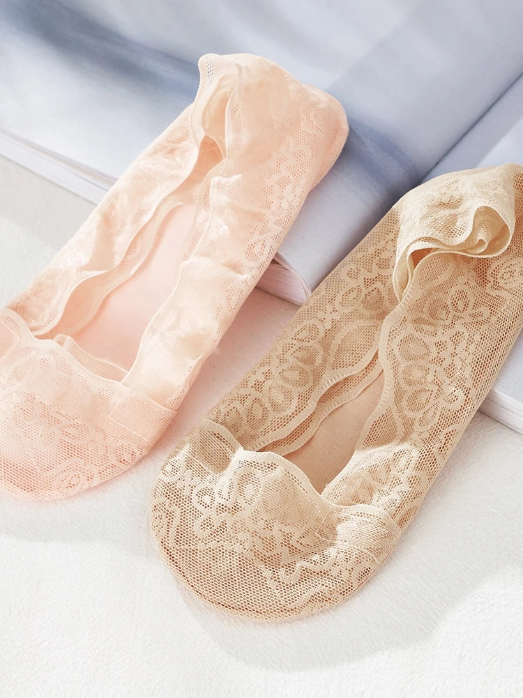 10pcs Lace Flower Sock Slippers Women Summer Breathable Silicone Non-slip Ankle Invisible Slipper Hollow Boat Socks Ballet Sox