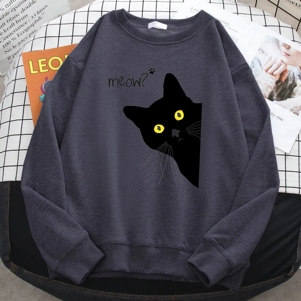 Winter Harajuku Woman Sweatshirt Meow Black Cat Printing Hoodies Comfortable All-Math Pullover Crewneck Loose Female Clothes