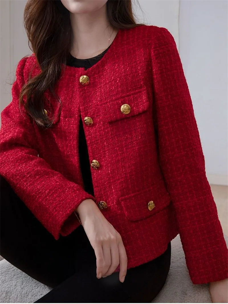 Women's Jacket 2024 Spring Autumn New Red Tweed Small Fragrance Coat Short Blazers Korean Fashion Elegant Female Tops Outerwear