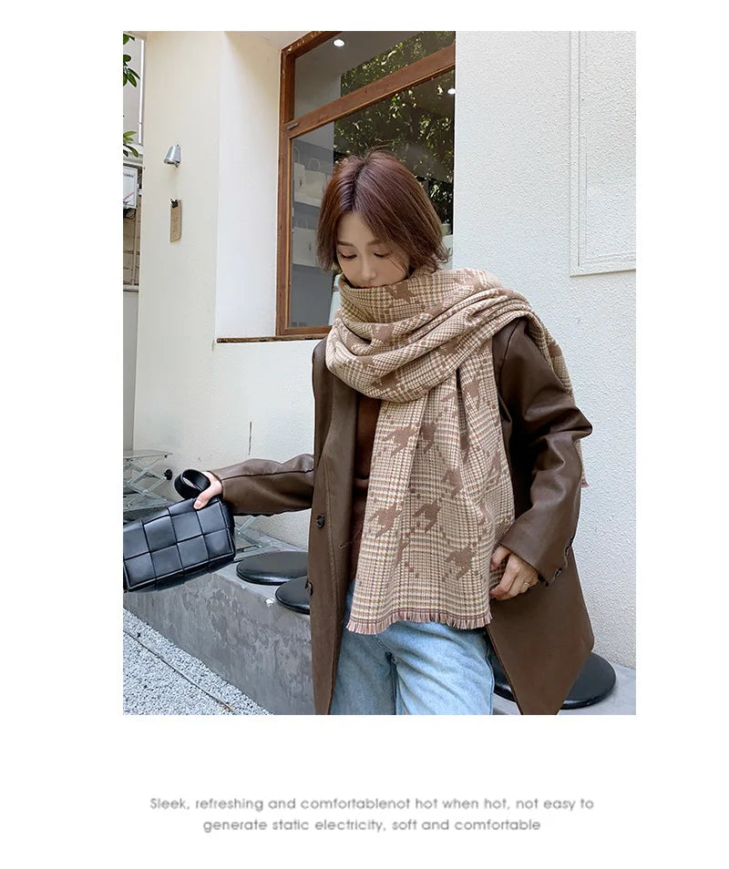 Fashion Brand Cashmere Scarf Women Winter Autumn Houndstooth Plaid Long Pashmina Cold Day Double-sided Tassel Thick Shawl Ladies