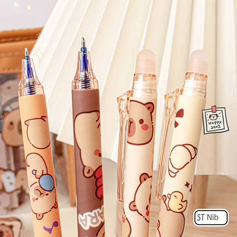 6pcs Cute Capybara Erasable Pen Blue Ink Writing Smooth Quick-Drying Office Accessories Elegant Pens Cute Japanese Stationery