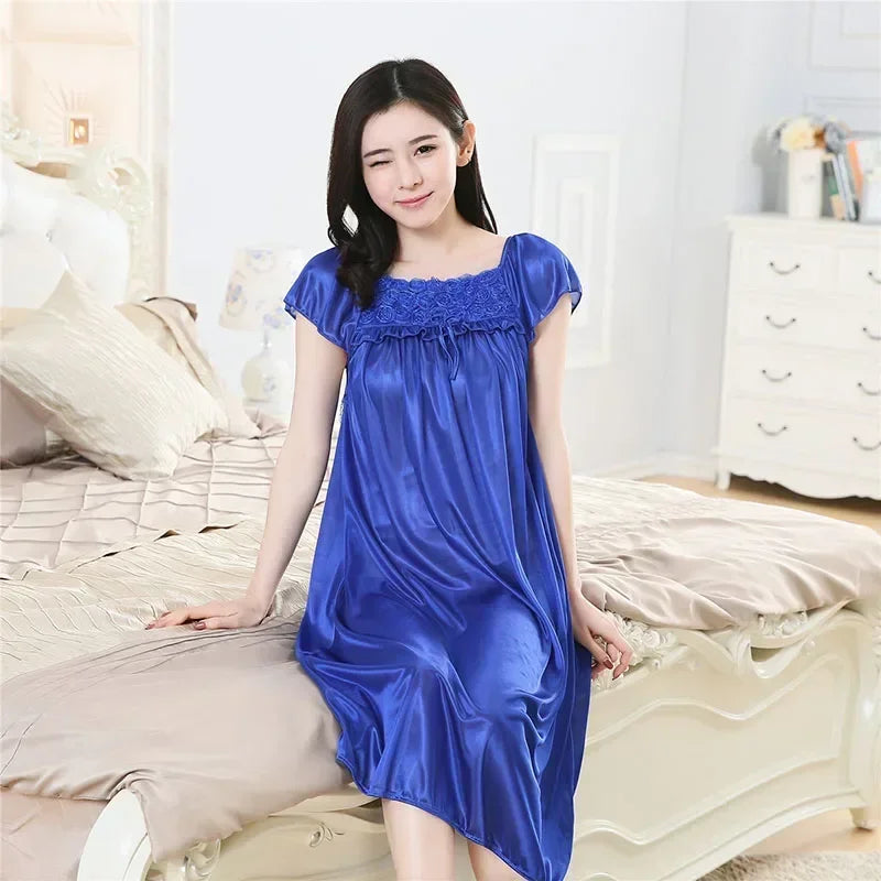 Women's Sexy Sleepwear Plus Size Ice Silk Satin Underwear Night Dress Nightgown Female Lingerie Dress Sexy Nightwear for Ladies