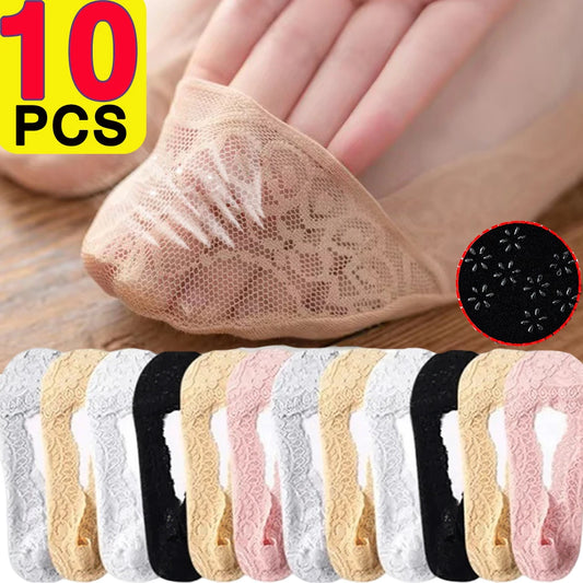 10pcs Lace Flower Sock Slippers Women Summer Breathable Silicone Non-slip Ankle Invisible Slipper Hollow Boat Socks Ballet Sox