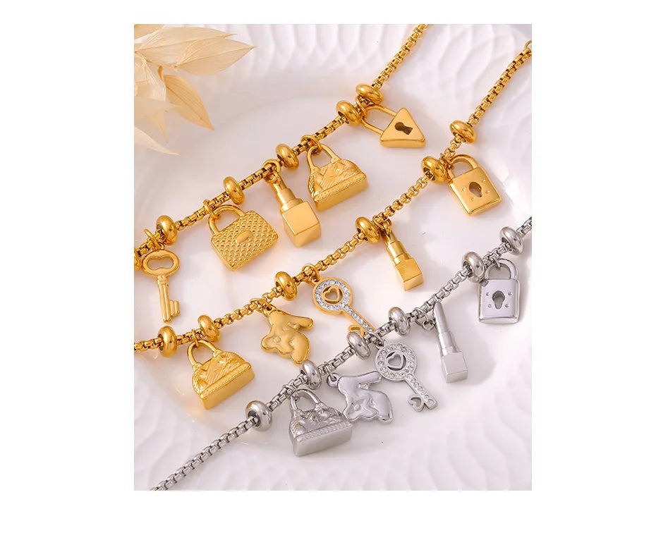 316L Stainless Steel Bracelets With Various Pendants For Women 18K Gold Plated Waterproof No Tarnish Women's Statement Bracelet