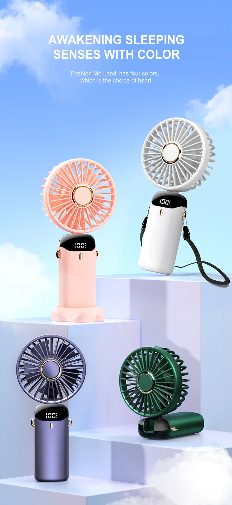 USB Handheld Mini Fan Foldable Portable Neck Hanging Fans 5 Speed Rechargeable Fan with Phone Stand and Display Screen