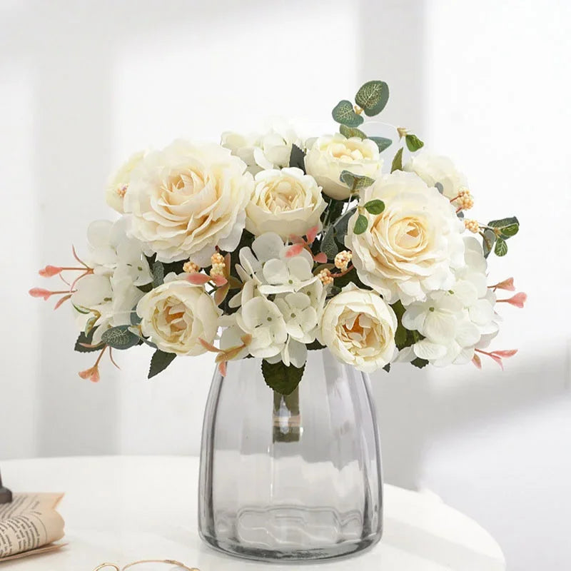 30cm Fake Peony Silk Flowers Bouquet Faux Hydrangea Flower Decor Wedding Party Home Decoration Retro Peonies Artificial Flowers
