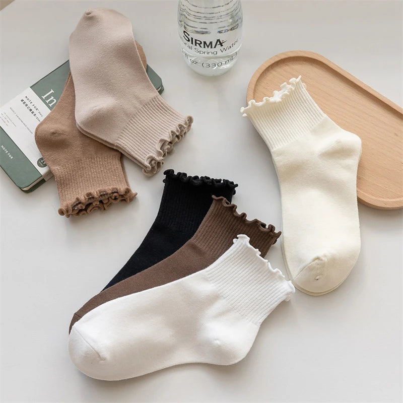 3 Pairs/Lot Cute Socks For Women New Japanese Style Breathable Girls Short Socks Kawaii Solid Socks Frilly Ruffle Socks Casual