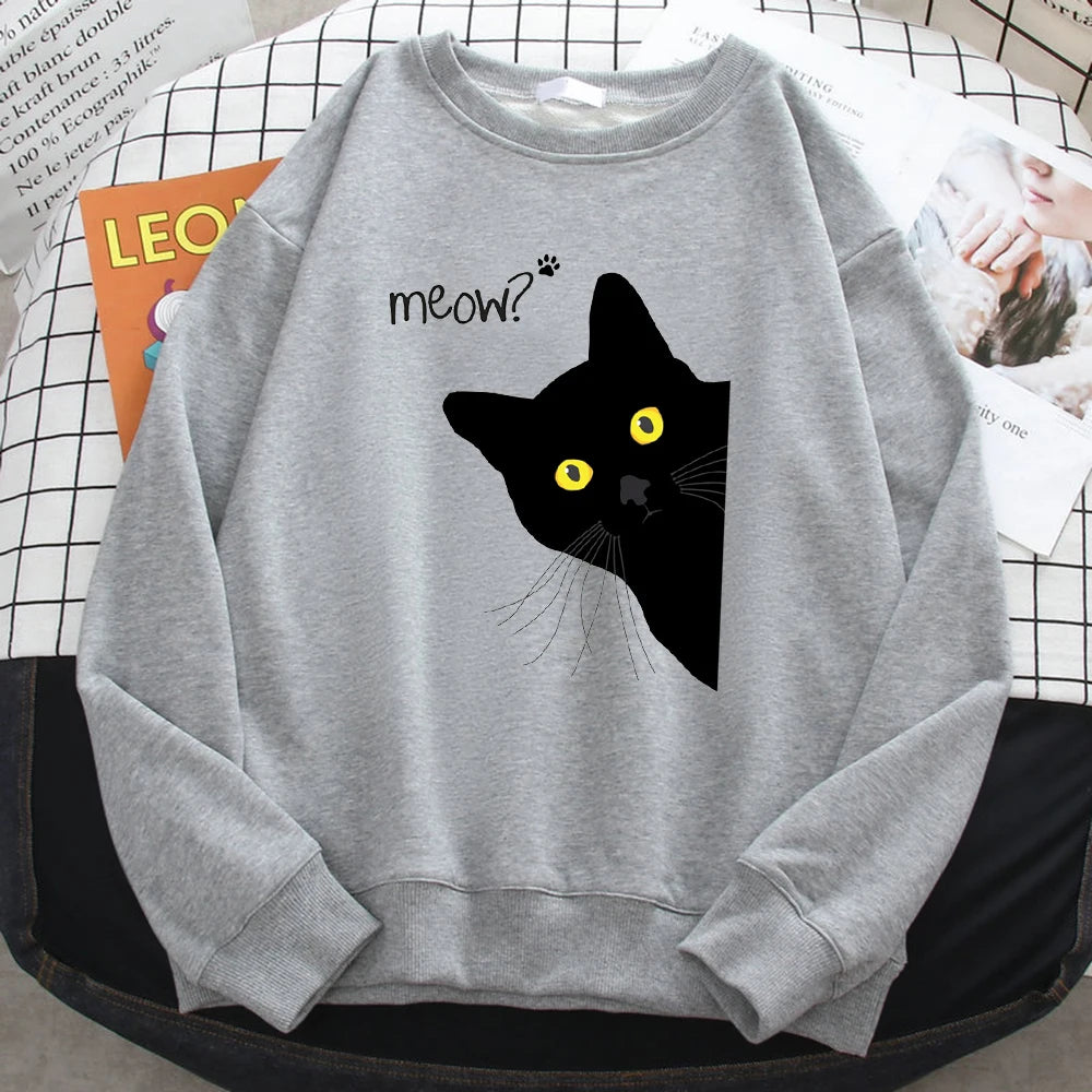 Winter Harajuku Woman Sweatshirt Meow Black Cat Printing Hoodies Comfortable All-Math Pullover Crewneck Loose Female Clothes