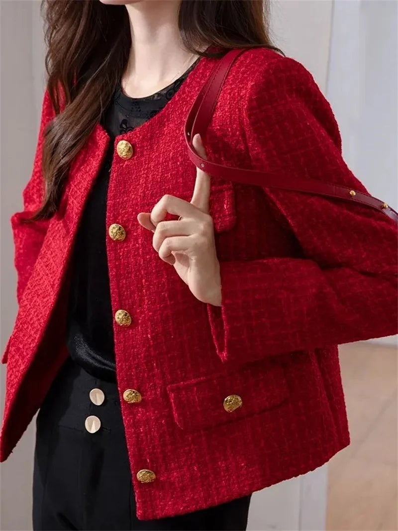 Women's Jacket 2024 Spring Autumn New Red Tweed Small Fragrance Coat Short Blazers Korean Fashion Elegant Female Tops Outerwear