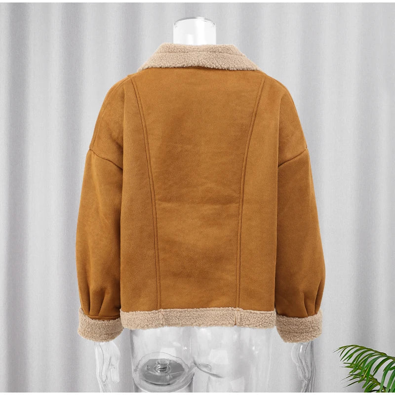 Women Chic Lapel Lamb Wool Patchwork Coat Casual Button With Pocket Thickened Jacket 2024 Autumn Winter New Lady Retro Outerwear