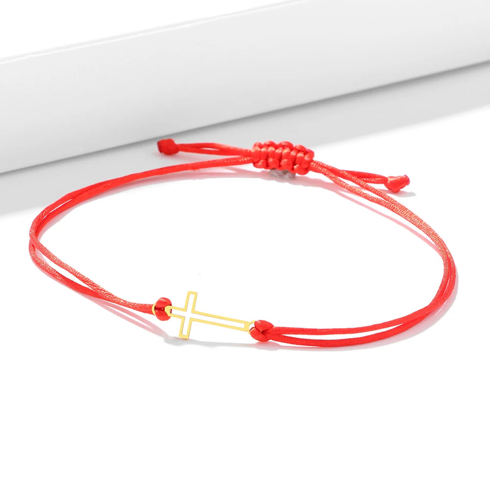 Stainless Steel Bracelets Gothic Hollow Cross Hand Braided Lucky Black Red Rope Fashion Charm Bracelet For Women Jewelry Gifts