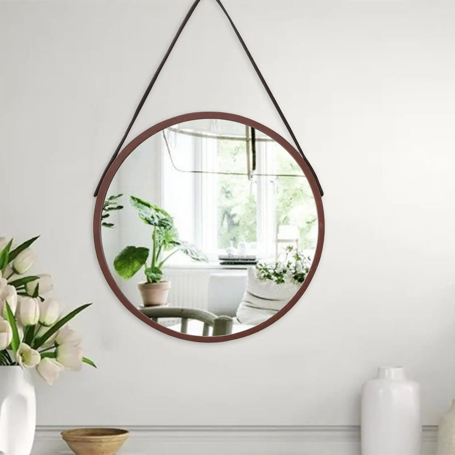 Wall Mounted Mirror Decorative Farmhouse Circle Rustic Frame Accent Mirror with