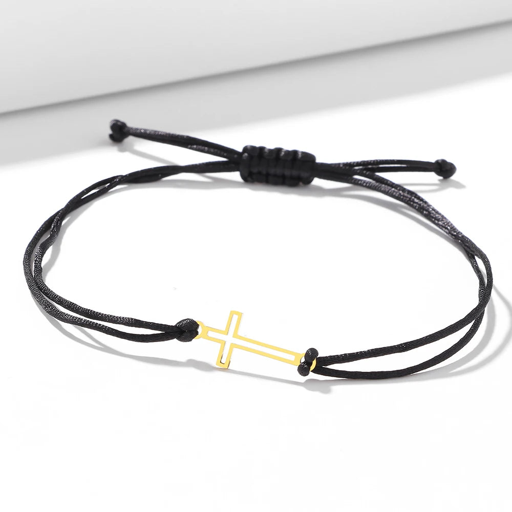 Stainless Steel Bracelets Gothic Hollow Cross Hand Braided Lucky Black Red Rope Fashion Charm Bracelet For Women Jewelry Gifts