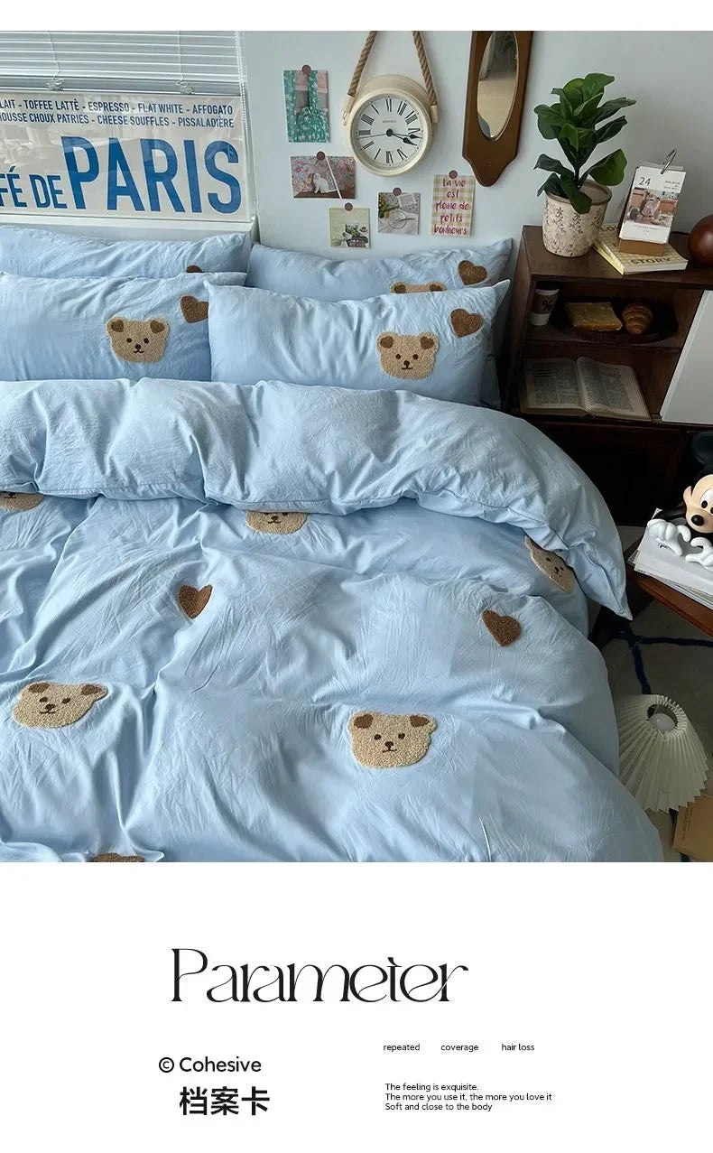 Solid Blue Bear Bedding Set Duvet Cover Queen Full Twin Size Bed Flat Sheet Kids Girls Room Decor Quilt Cover Pillowcase Kawaii