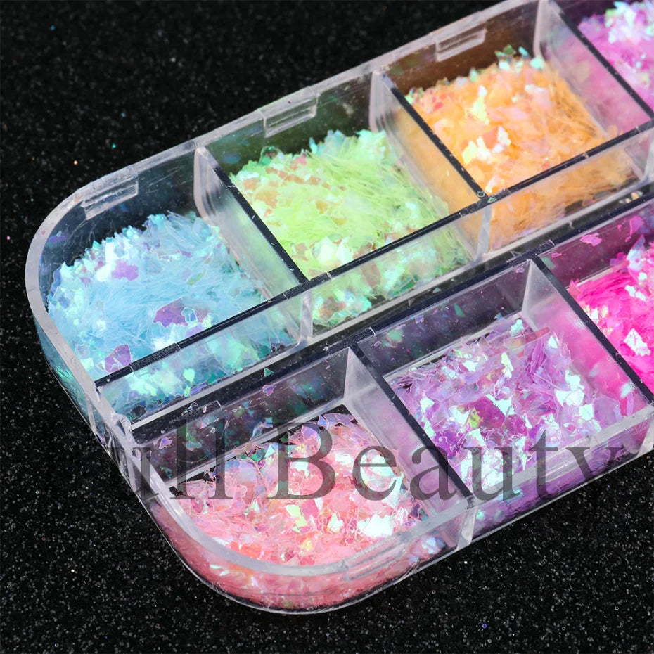 12 Grids Nail Art Glitter Luminous Irregular Flakes Broken Glass Sequins Powder Iridescent UV Gel Polish Nail Decoration NFSP