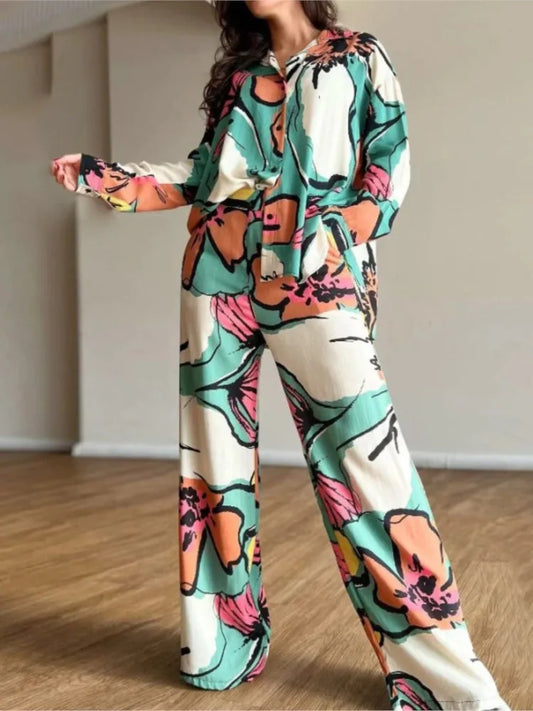 2023 Long Pant Sets Print Shirt Two Piece Set For Women Loose Wide Legs Trousers Suits Fashion Casual Long Sleeve Two Piece Suit