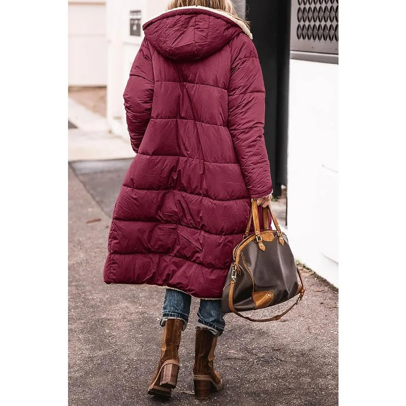 Women's 2023 Warm Winter Coats Reversible Sherpa Fleece Long Hooded Puffer Jackets Outerwear