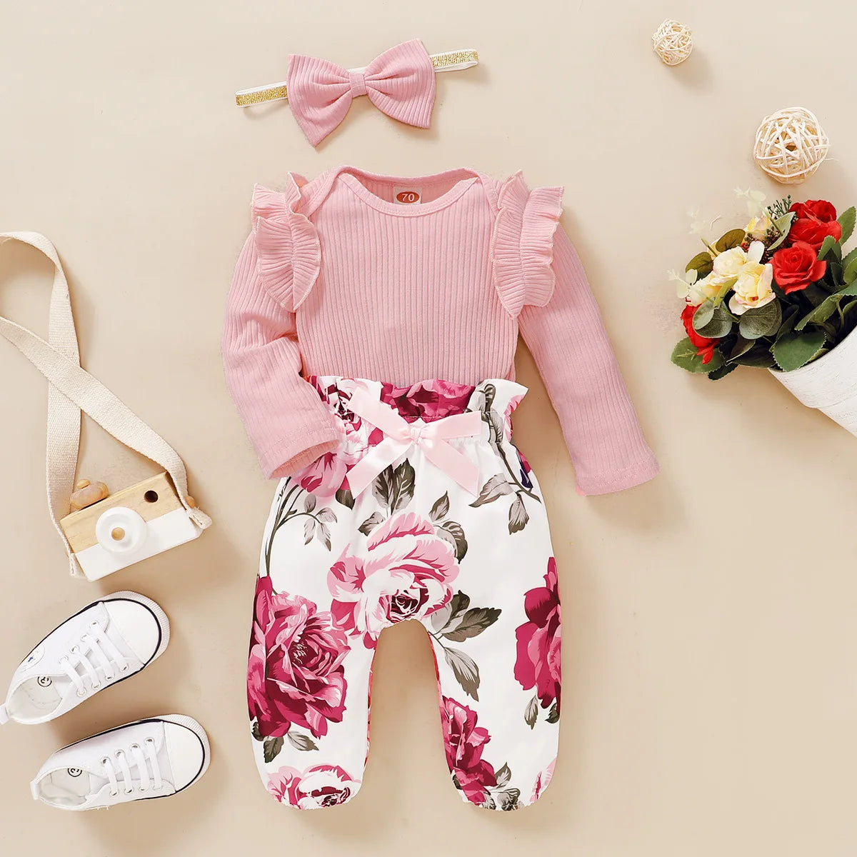 0-18M Newborn Baby Girls Clothes 3Pcs Set Ruffle Romper Long Sleeves Bow Pants Headband Infant Spring Autumn Toddler Outfit