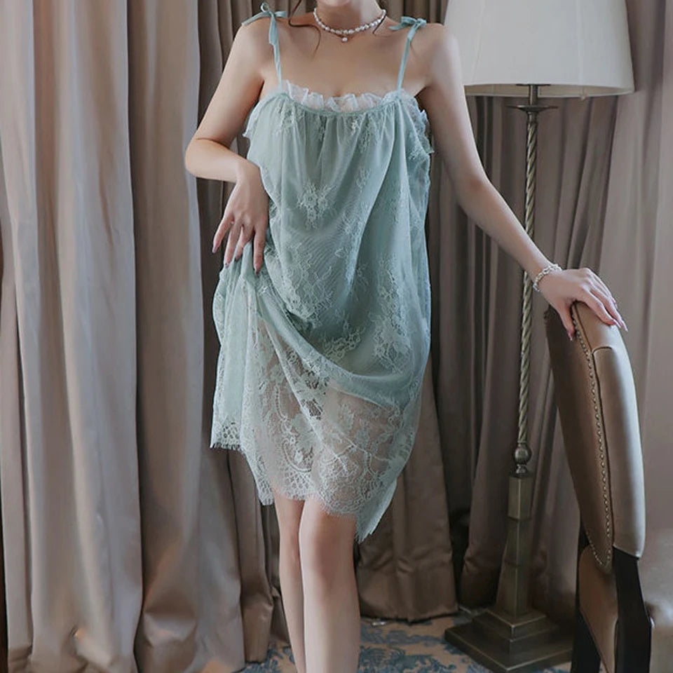 Sexy Nightgown Lingerie Lace Sleepwear Mini Sling Nightdress Women Spaghetti Strap Summer Sleeping Dress Plus Size Night Gowns
