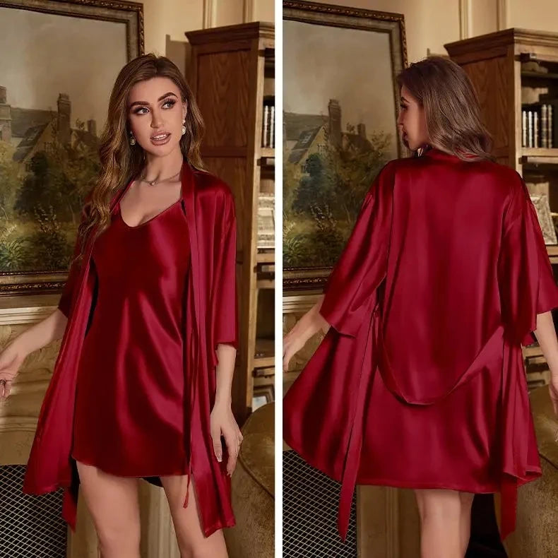 2PC Robe Suit Women Rayon Bathrobe Gown Sleep Set Summer Homewear Sleepdress Casual Kimono Sleepwear Nightgown