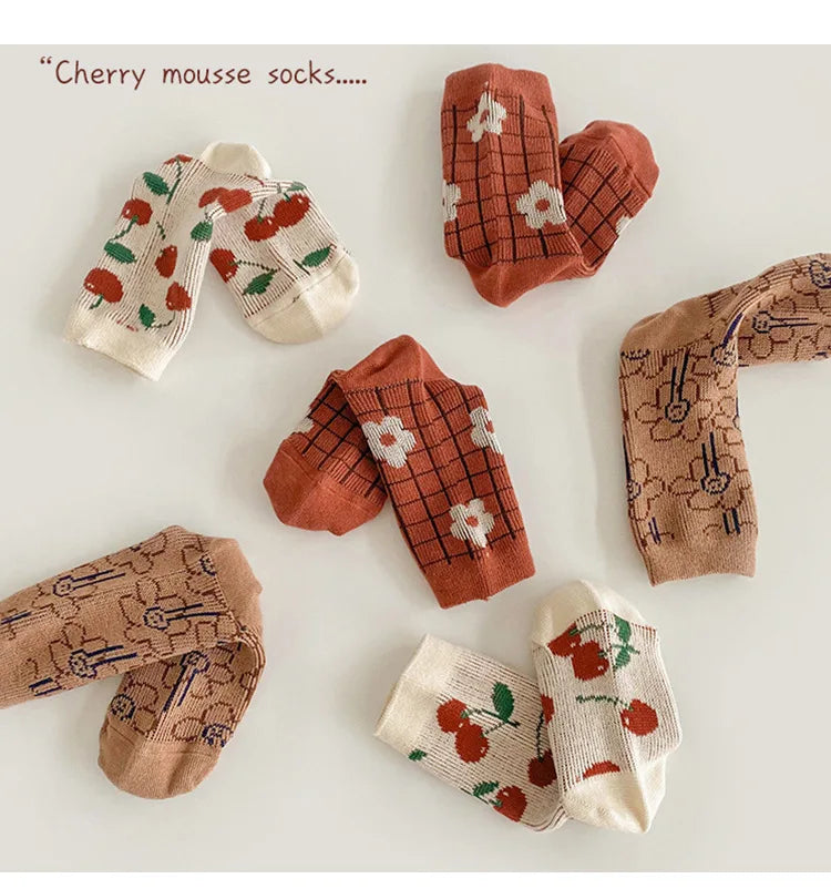 Girls Socks Spring Cotton Socks Cute Cherry Flower Socks Kids Calf Length Double Woven Cotton Socks