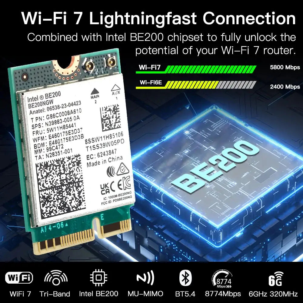 8774Mbps WiFi 7 Intel BE200 Pcie Wireless Wifi Adapter Bluetooth 5.4 Tri Band 2.4G/5G/6GHz better than AX210 Wifi 6E Card