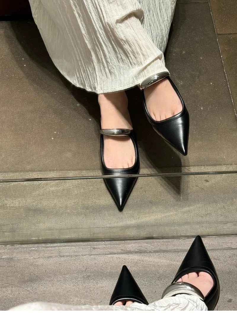 Thick Heel Women Mules Slippers Shoes Fashion Shallow Metal Decoration Slides Spring Autumn Outdoor Party Dress Shoes