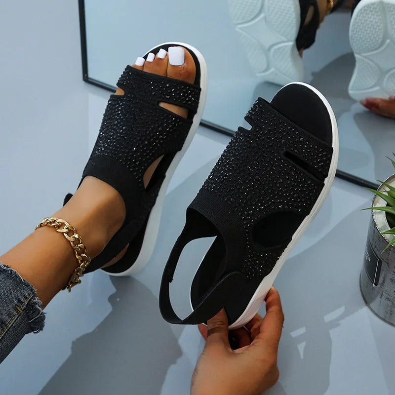Summer Women Flats Crystal Stretch Orthopedic Casial Sandals Open Toe Beach Mesh Shoes Footwear Casual Ladies Sandalias Mujeres