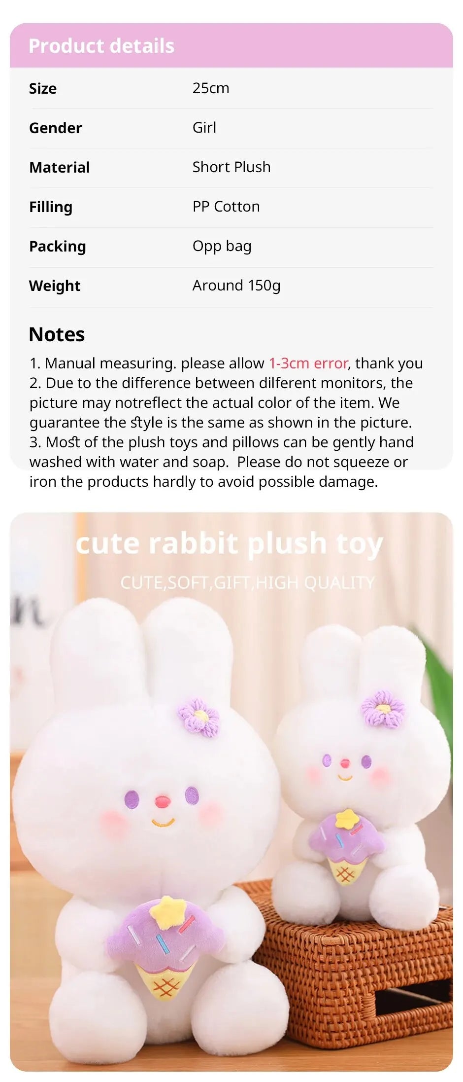 25cm Cute Rabbit Plush Toy Birthday Christmas Gift for Girl