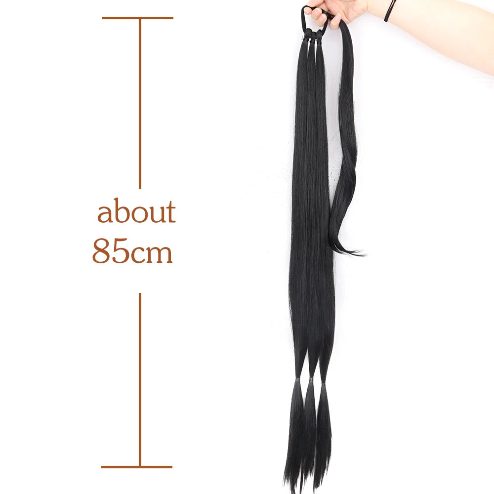 Synthetic Braided Ponytail Extensions Long Black Rubber Band Hairpiece Pony Tail with Hair Tie for Women High Temperature Fiber