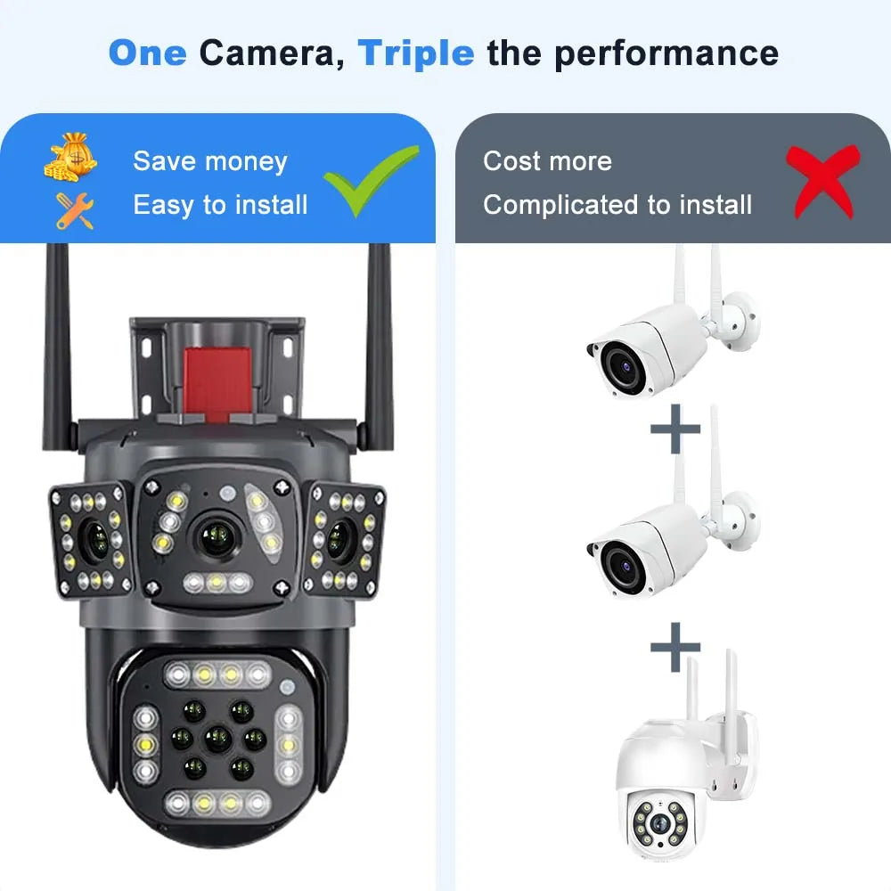 6K 12MP WiFi Surveillance Camera Outdoor Three Lens Three Screen CCTV Waterproof PTZ Mini Street Camera 360° Security Camera