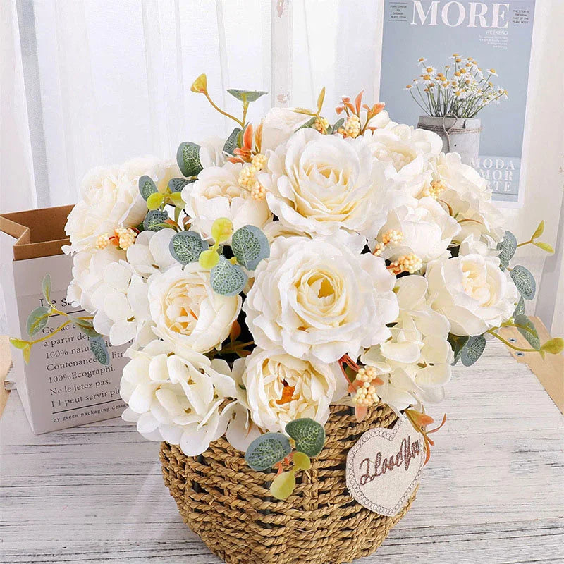 30cm Fake Peony Silk Flowers Bouquet Faux Hydrangea Flower Decor Wedding Party Home Decoration Retro Peonies Artificial Flowers