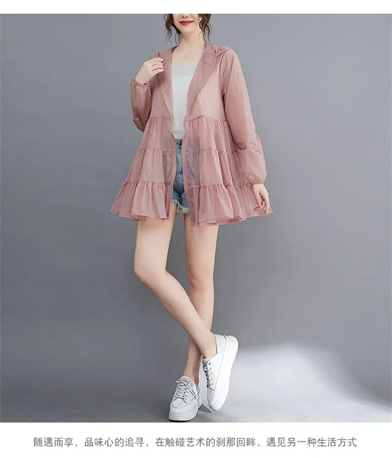 2023 Summer Thin Windbreaker New Sunscreen Clothes Mid-Long Female Breathable Shirt Oversize Jacket With Hooded Female Outerwear