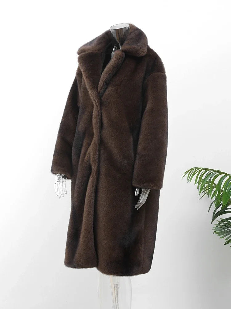 Women's Dark Brown Faux Fur Long Overcoat Single Breasted Fleece Long Trench Coat Winter Fluffy Plush Warm New Thicken Outerwear